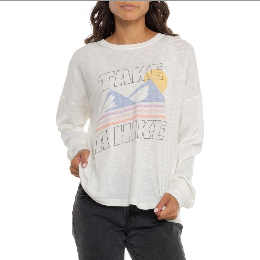 PJ Salvage L Take a Hike White Mountain Front Graphic Long Sleeve Cotton Blend T